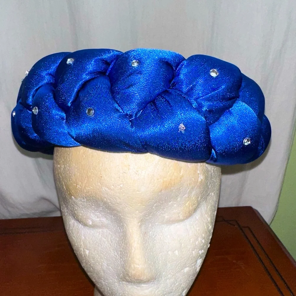 Blue Satin Braid Headband With Rhinestones - One Size